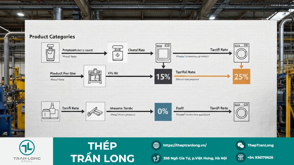 Biểu đồ minh họa các mức thuế khác nhau cho sản phẩm phái sinh từ thép, nhôm, đồng