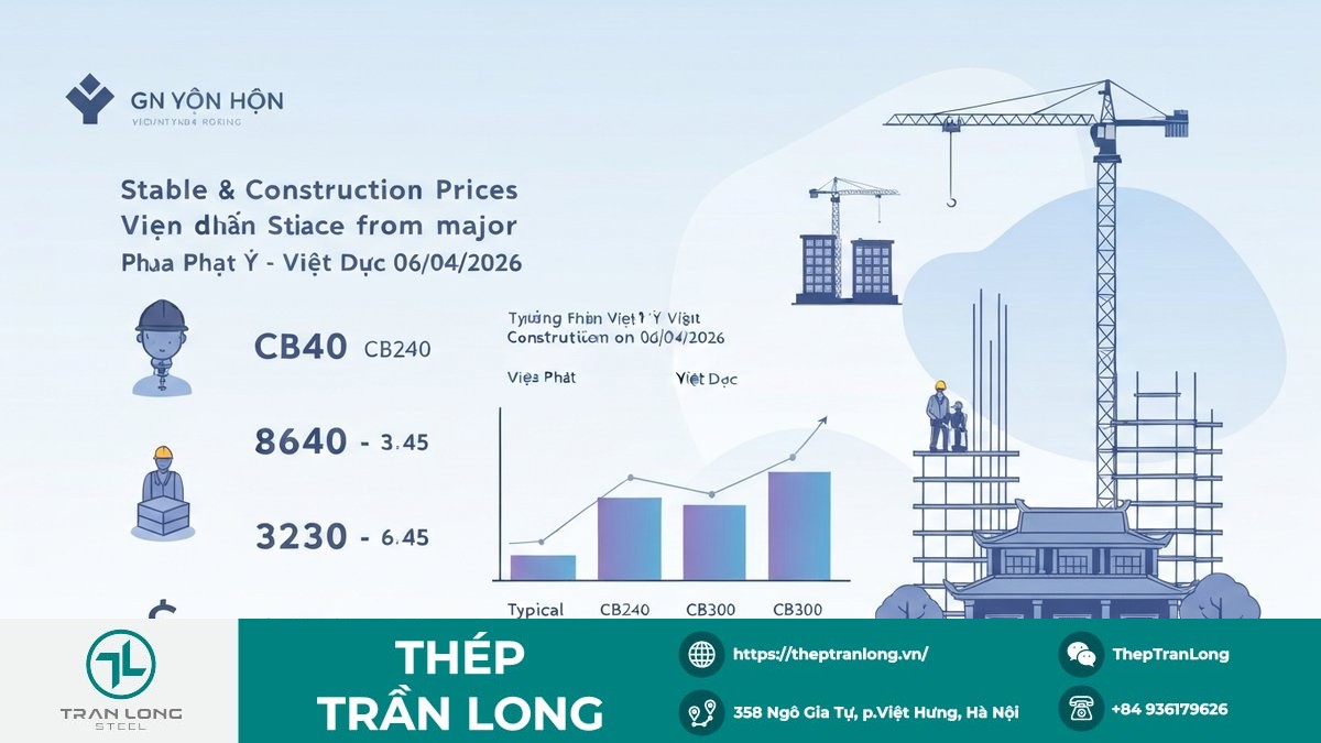 Biểu đồ thể hiện giá thép xây dựng của các công ty Việt Nam như Hòa Phát, Việt Ý, Việt Đức duy trì ổn định vào ngày 6/4/2026.