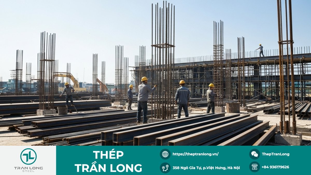 Công trường xây dựng tại Việt Nam với các loại thép hình, thép tấm, thép kết cấu công nghiệp