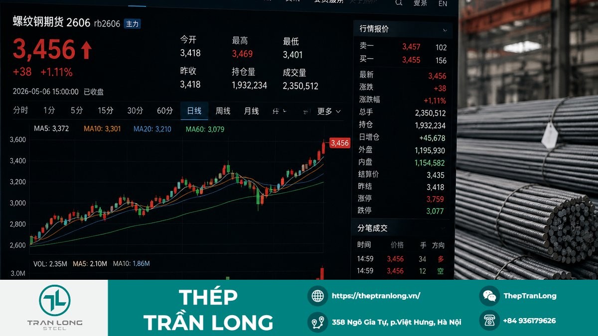 Biểu đồ giá thép thanh kỳ hạn tháng 6/2026 trên Sàn SHFE ngày 6/5/2026 Giá thép thanh kỳ hạn tăng 1,1% trên Sàn Thượng Hải