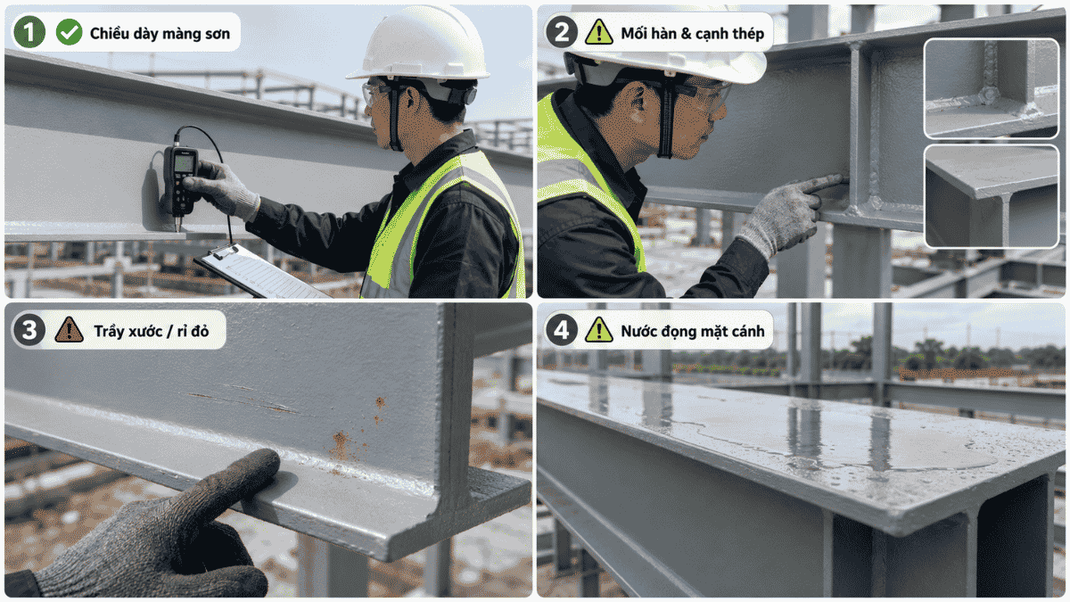 Bảo vệ thép hình I dùng ngoài trời: Sơn hay mạ kẽm? 3 Kiểm tra lớp bảo vệ thép hình I sau thi công