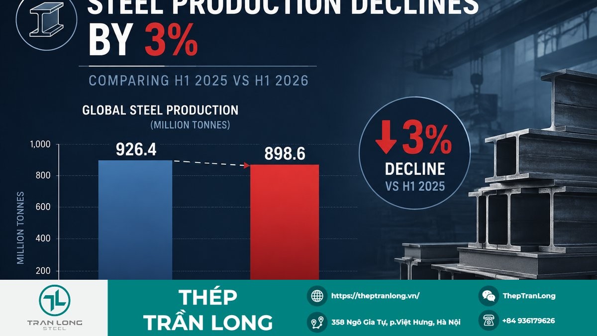 Sản lượng thép Trung Quốc giảm 3% Biểu đồ sản lượng thép Trung Quốc nửa đầu 2026