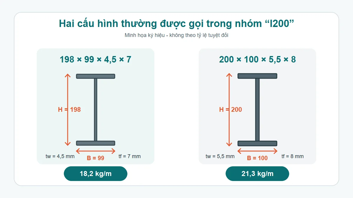 So sánh quy cách thép I198 và I200 Sơ đồ so sánh thép I198 198 x 99 x 4,5 x 7 và I200 200 x 100 x 5,5 x 8