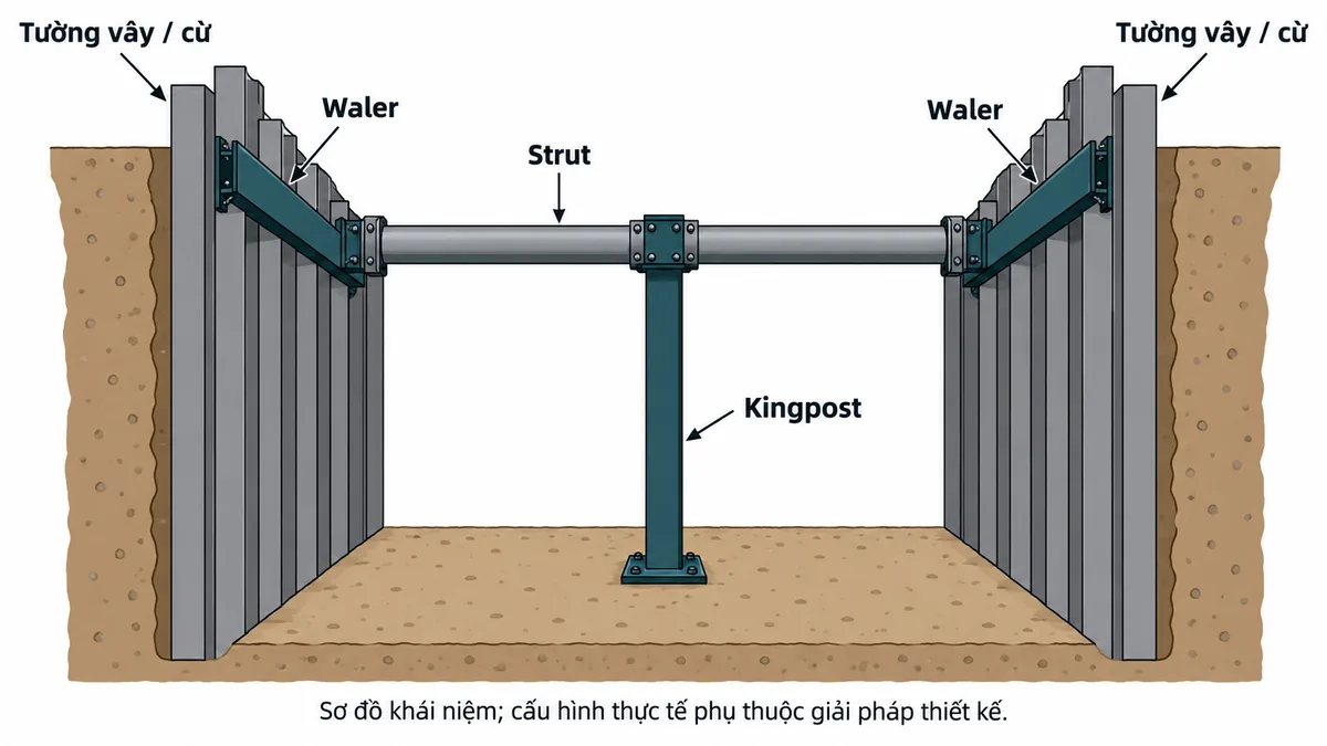 Sơ đồ quan hệ Kingpost, Strut, Waler và kết cấu giữ thành