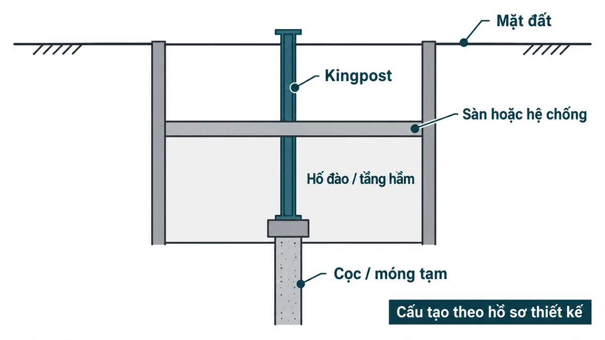 Sơ đồ vị trí Kingpost trong hố đào và tầng hầm