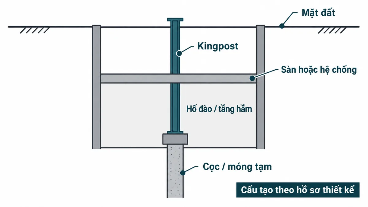 Sơ đồ Kingpost trong hố đào và tầng hầm dùng để minh họa bối cảnh thi công Top-down
