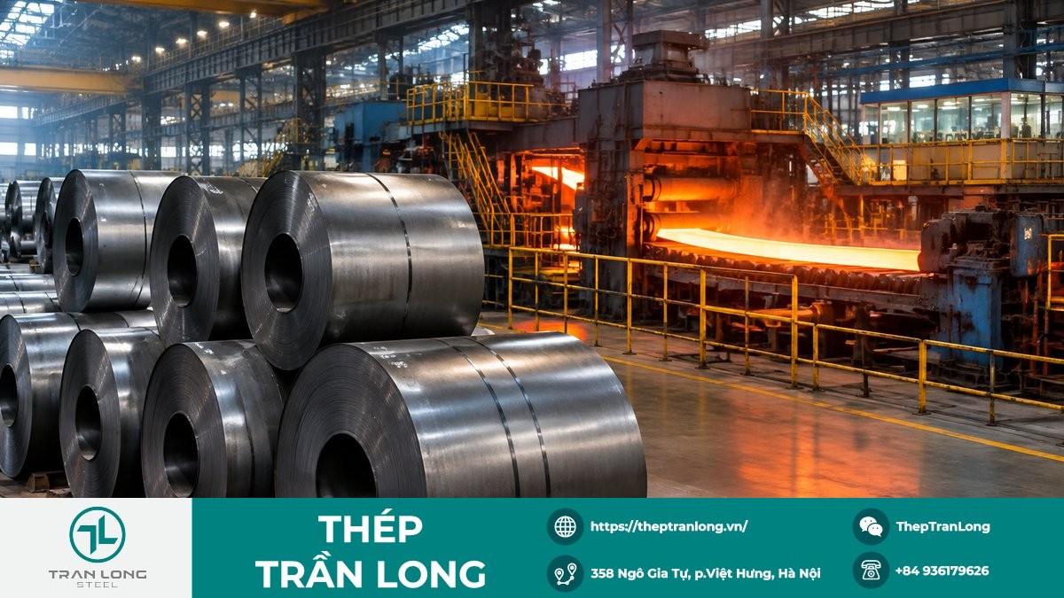 Cuộn thép cán nóng HRC trong nhà máy chế tạo