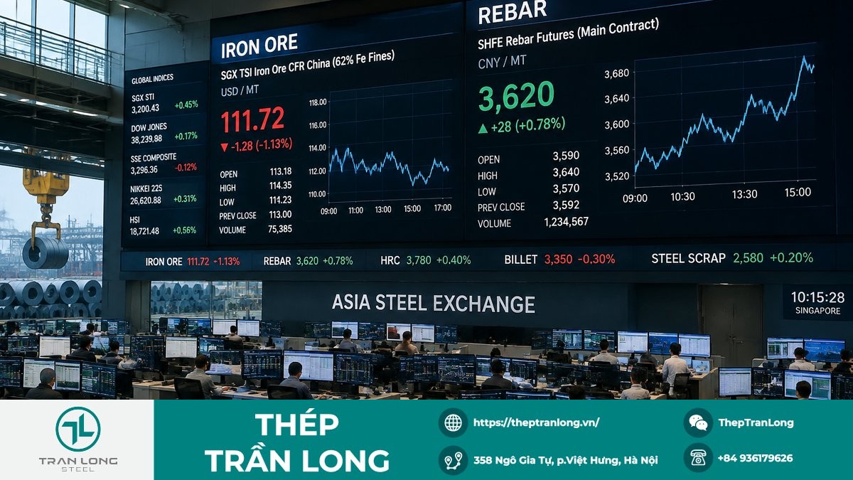 Bảng giá thép và quặng sắt tại các sàn giao dịch Thượng Hải và Singapore