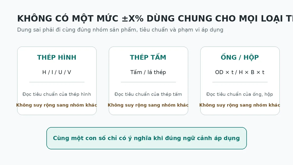 Minh họa thép hình, thép tấm và ống hộp cần đọc dung sai theo đúng tiêu chuẩn áp dụng