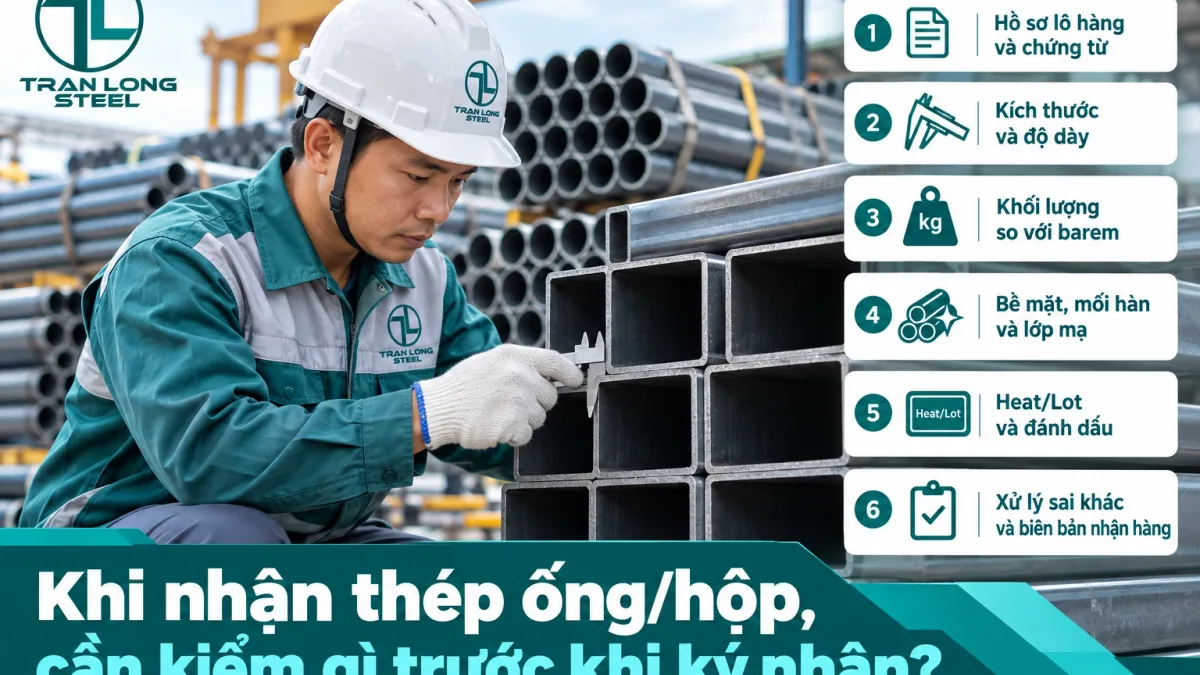 Kiểm nhận thép ống hộp: kiểm hồ sơ lô, kích thước, chiều dày, khối lượng, bề mặt và Heat/Lot trước khi ký nhận