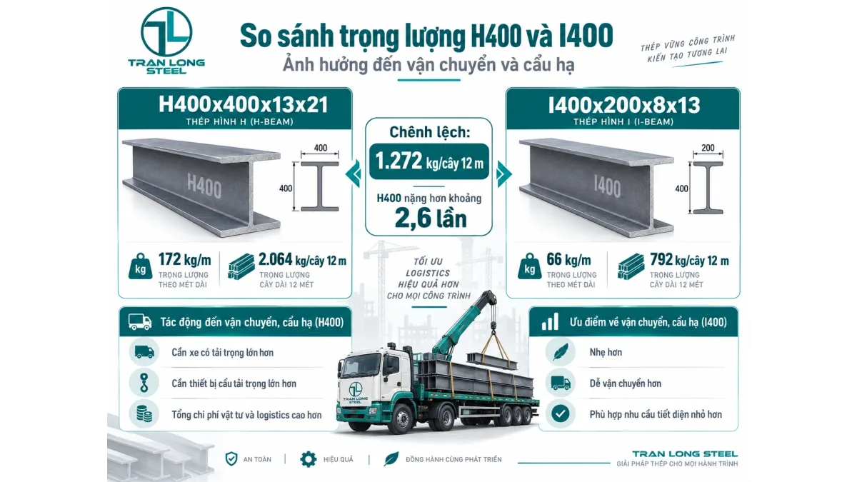 Vì sao cùng H300, H350, H400 nhưng kg/m lại khác nhau? 2 So sánh hai tiết diện cùng chiều cao danh nghĩa 400 nhưng hình học và trọng lượng khác nhau