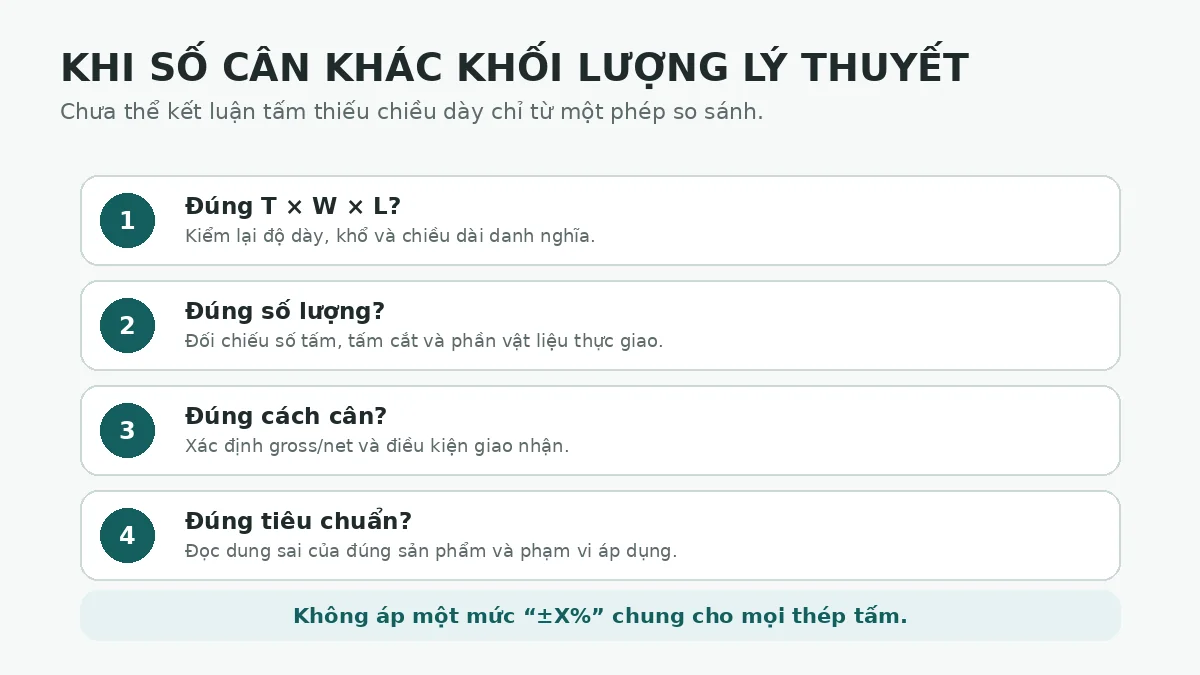 Các bước đối chiếu khi số cân thực tế khác trọng lượng lý thuyết của thép tấm